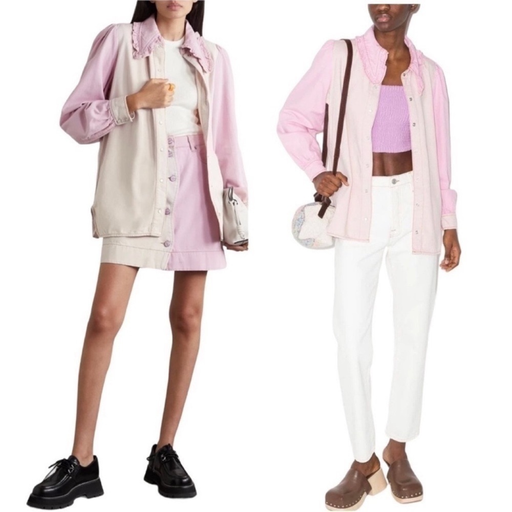 Ganni Ruffled Two-Tone Lilac Lavender Pink Denim Shirt Top Jacket Shacket NEW